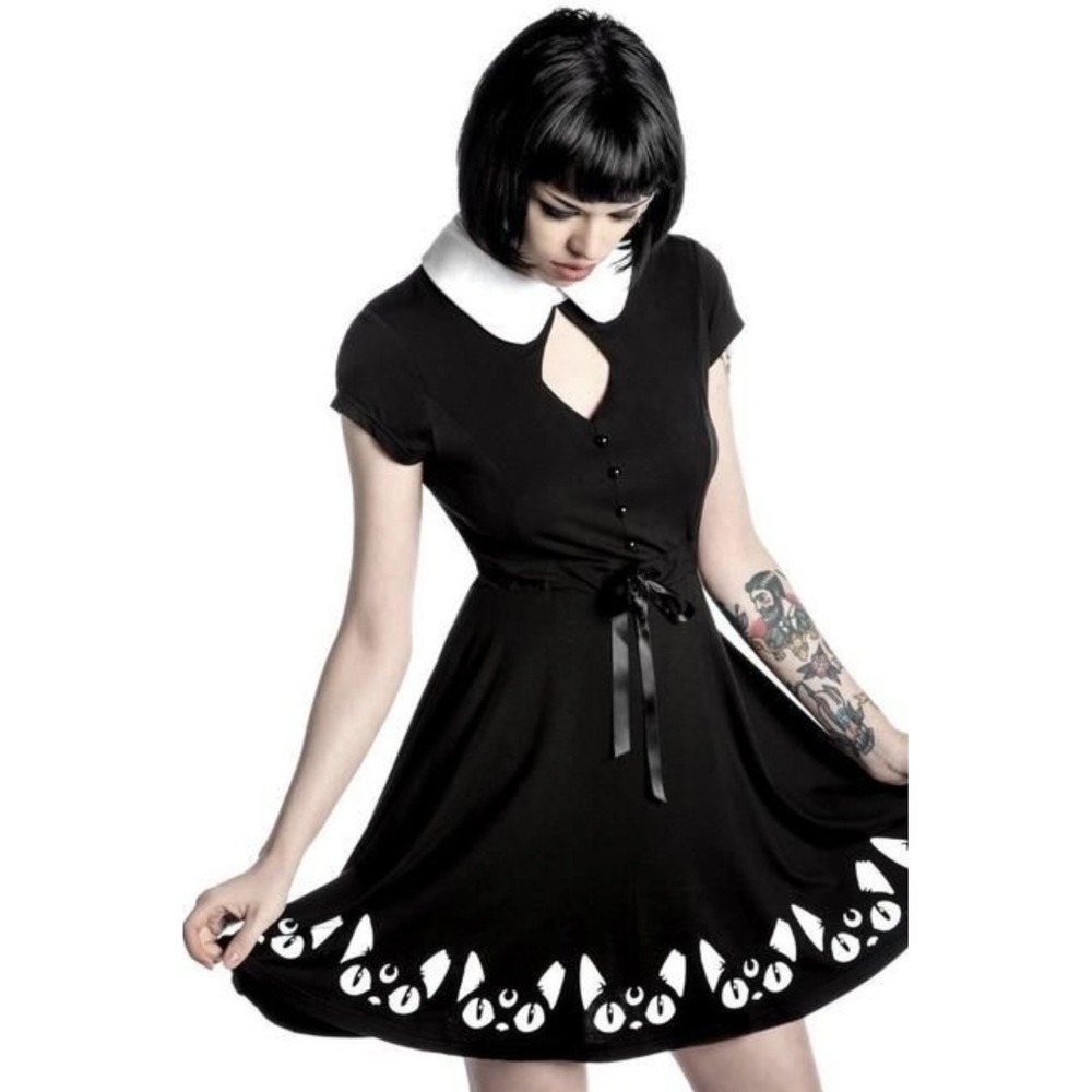 Killstar Keiko Kitty Skater Dress Women L Black Cat Peter Pan Collar Witchy Goth